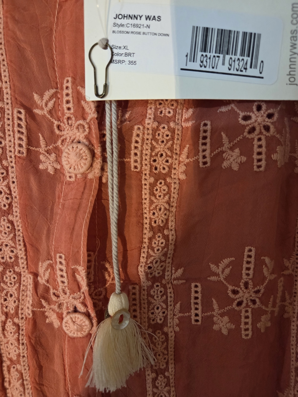 Johnny Was Coral Embroidered Button-Down Shirt - Picture 2 of 9